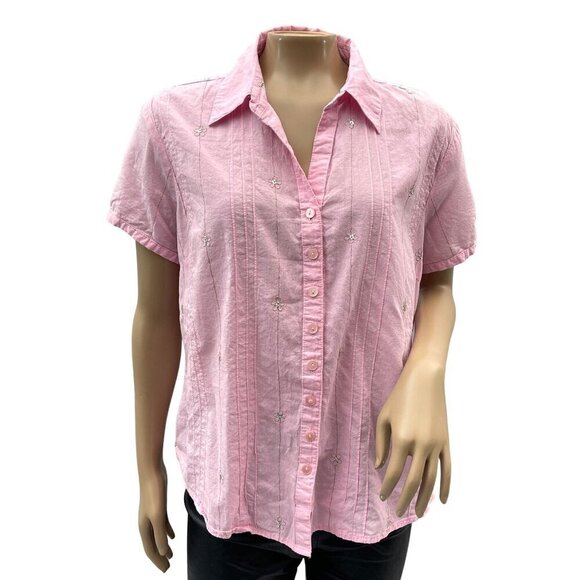 Y2K Cotton Womens Pink Embroidered Button-Up Shirt Lemon Grass Studio Size L - Picture 1 of 10